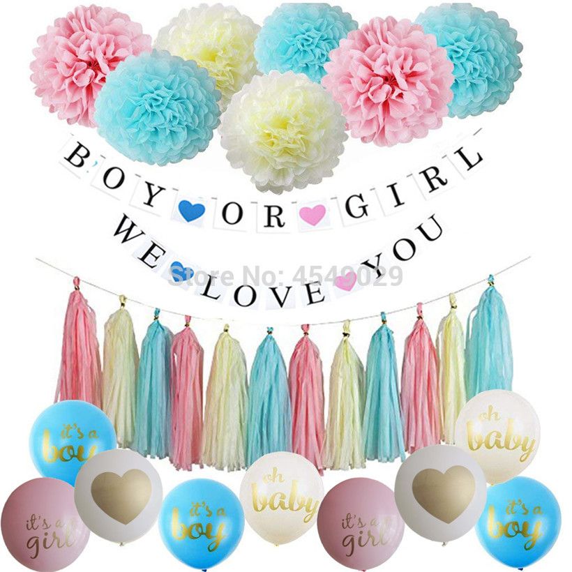 Gender Reveal Decoration Set Baby Shower Pink Blue Gold Party Confetti Balloons Pom Poms Boy Or Girl Banner Tassel Garland