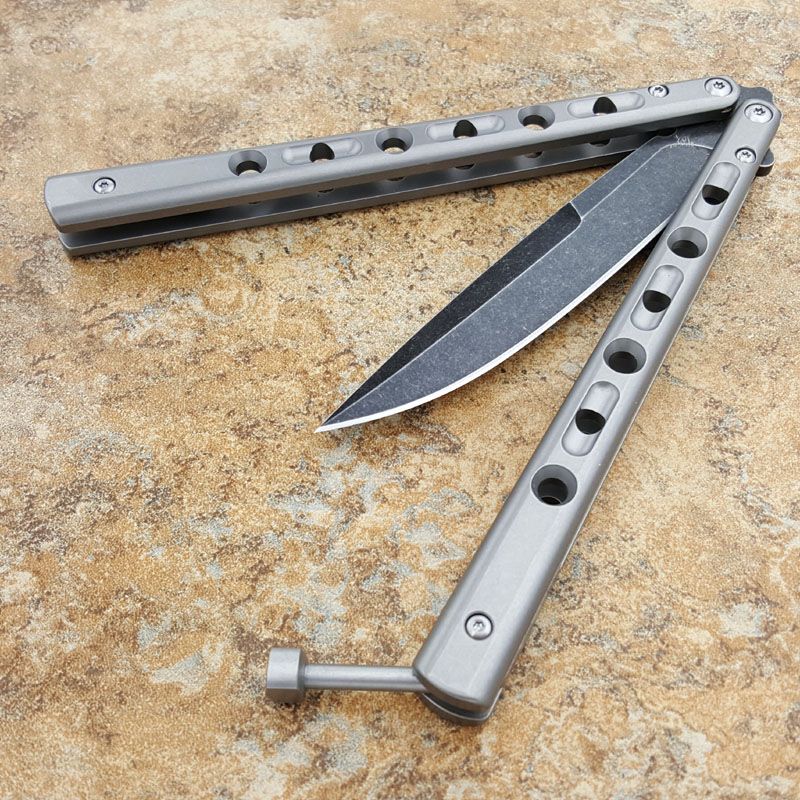 Flytanium 62 Butterfly Knife 4.25 Black Stone Wash Weehawk Plain Blade