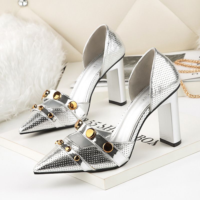 Pointed Toe Rivet Sexy Silver Shoes Woman Summer 2018 Block Heel