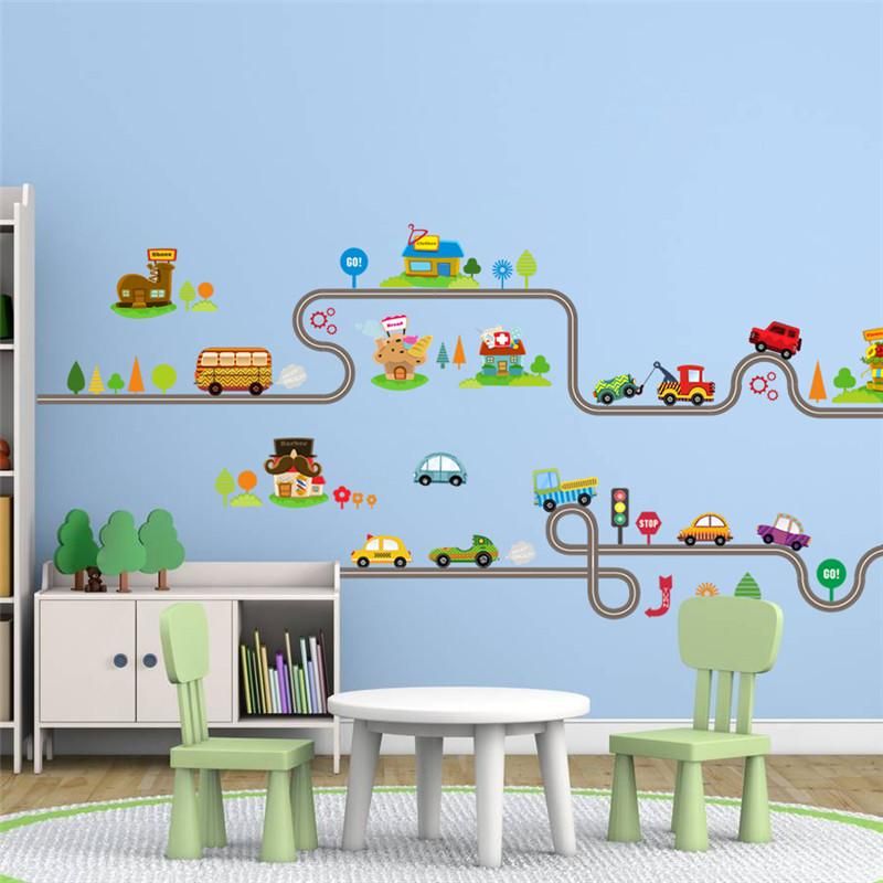 cartoon car bus highway track wall stickers for kids rooms