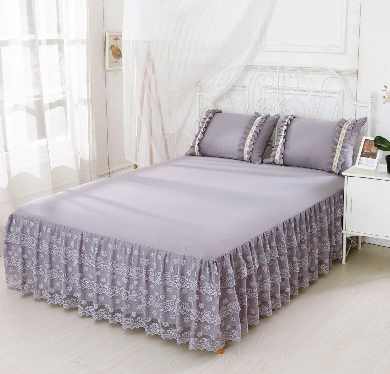 Gray Lace Bed Skirt Pillowcase 1 Solid Color Bedding Sheet Gray Lace Bed Skirt Pillowcase 1 Solid Color Bedding Sheet Princess Bedspread Maress Cover Double Queen King Size 16 Inch Drop Bedskirt