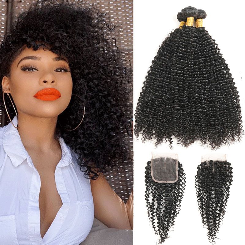 Afro Kinky Curly Weave Human Hair Bundles With Lace Closure Non