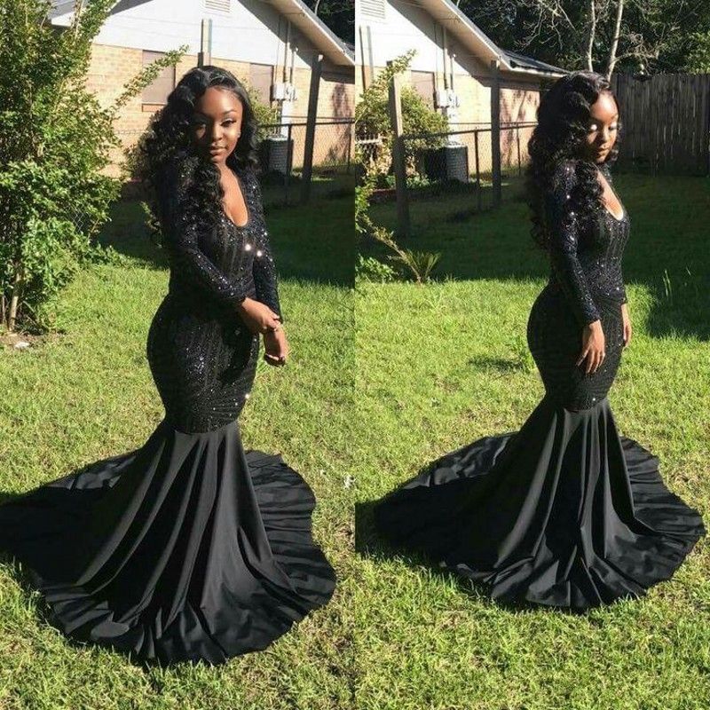 black sparkly long sleeve prom dress