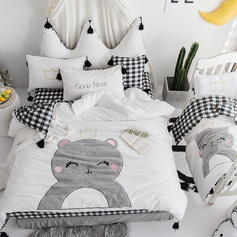 100 Cotton Cute Cartoon White Black Bedding Set Girls Queen King 100 Cotton Cute Cartoon White Black Bedding Set Girls Queen King Size Bed Fit Sheet Duvet Cover Pillowcase Fl Purple From