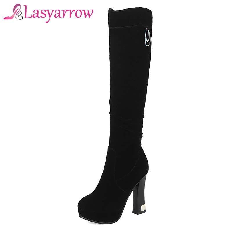 Punta Calzado Botas Plataforma De Señoras Rodilla Altos Altas Negro Tacones Cremallera Lateral Mujer Grueso Lasyarrow Zapatos Redonda 35Tl1JFuKc