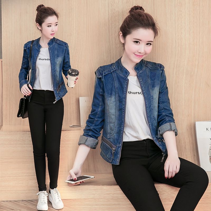 2018 Women Short Slim Denim Jacket Fashion Baseball Collar Zip Coat ...