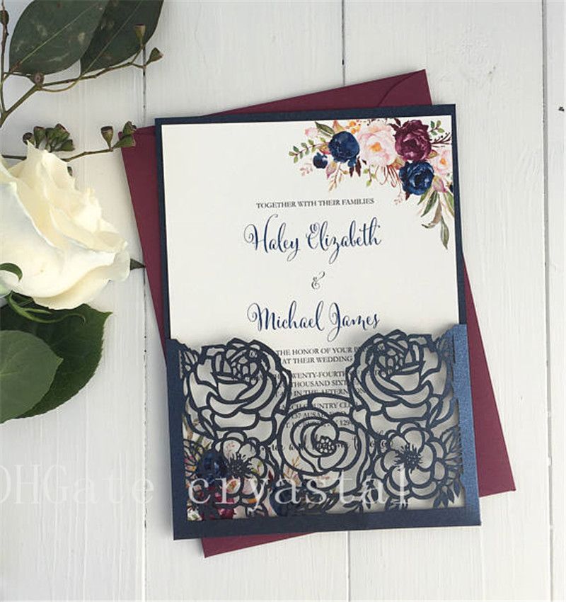 2018 Elegant Laser Cut Wedding Invitation Floral Wedding Card Navy