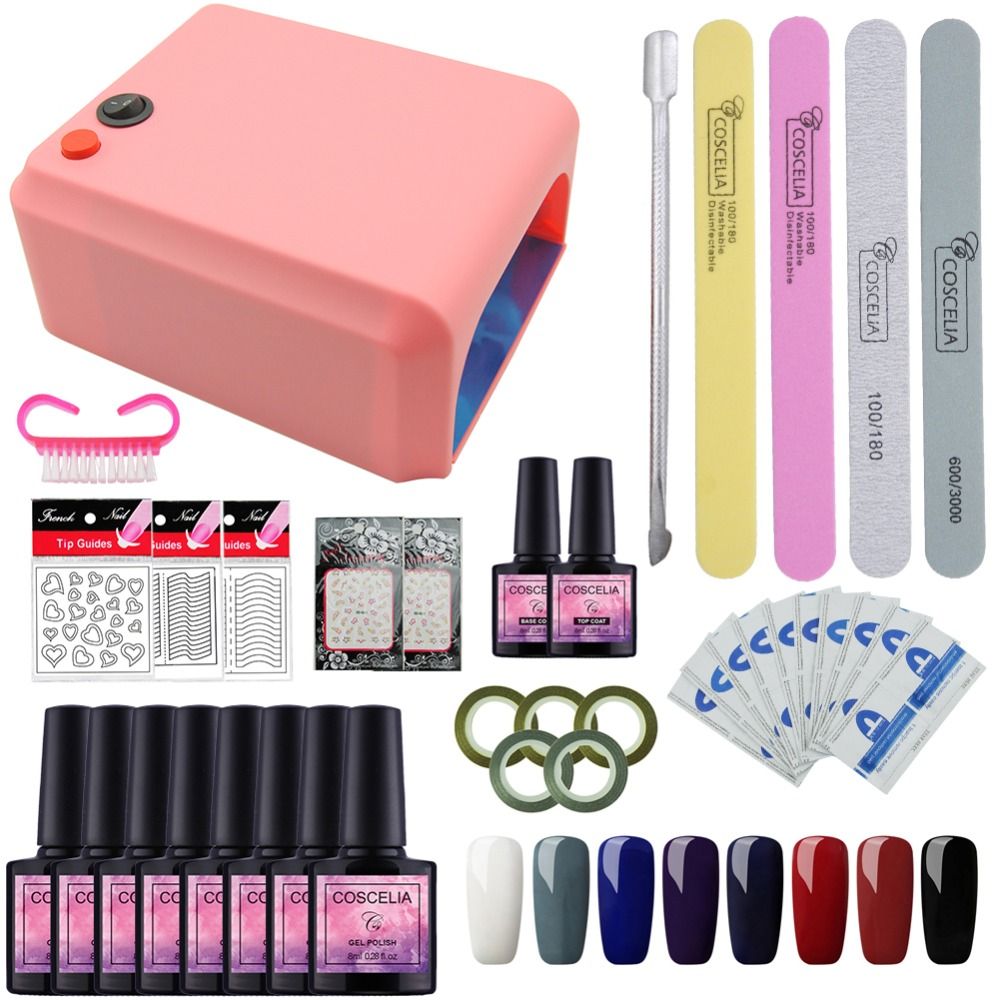 36w Uv Led Lamp 8pc Nail Gel Polish Set Semi Permanant 8ml Lacquer Art File Manicure Tools Kit