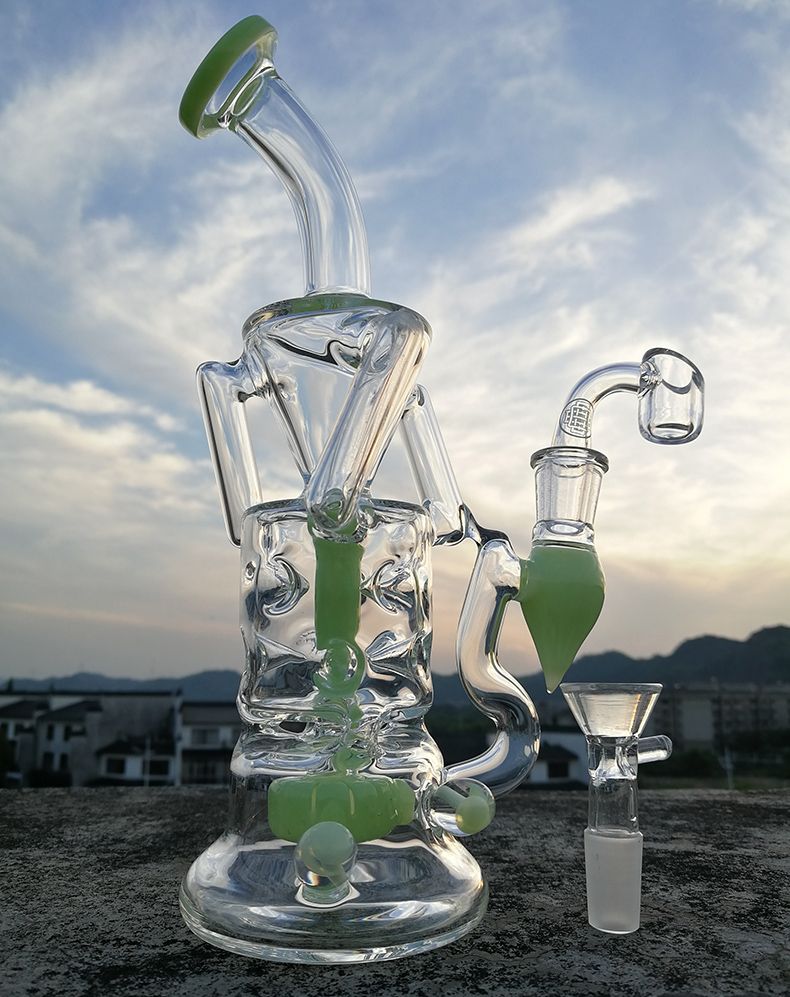 2019 9.2Double Recycler Glass Art Bong With Thick 4mm Quartz Banger Oil