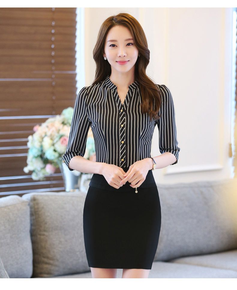 2020 Elegant Office Lady Black &White Stripe Shirt,Black Shirt Women ...