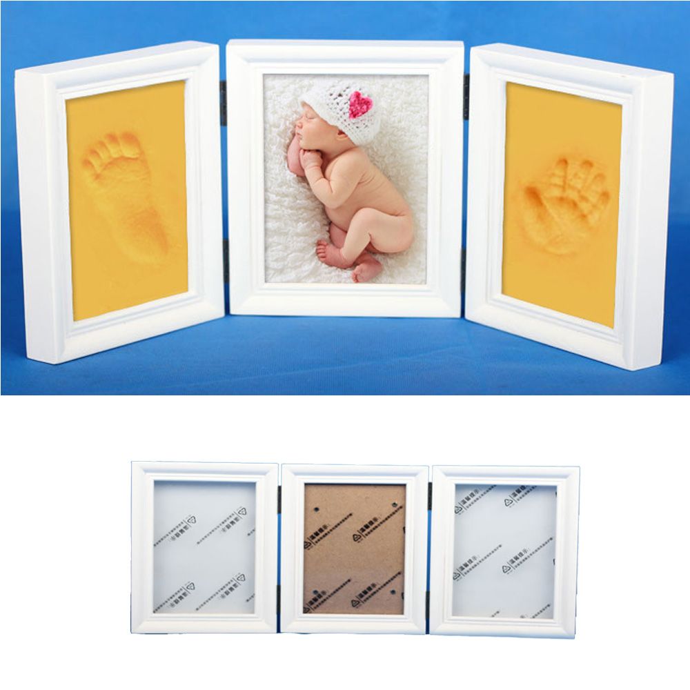 Wooden Tri Fold Photo Frame Newborn Baby Handprint Footprint Imprint Kit Souvenirs With Care Air Drying Soft Clay