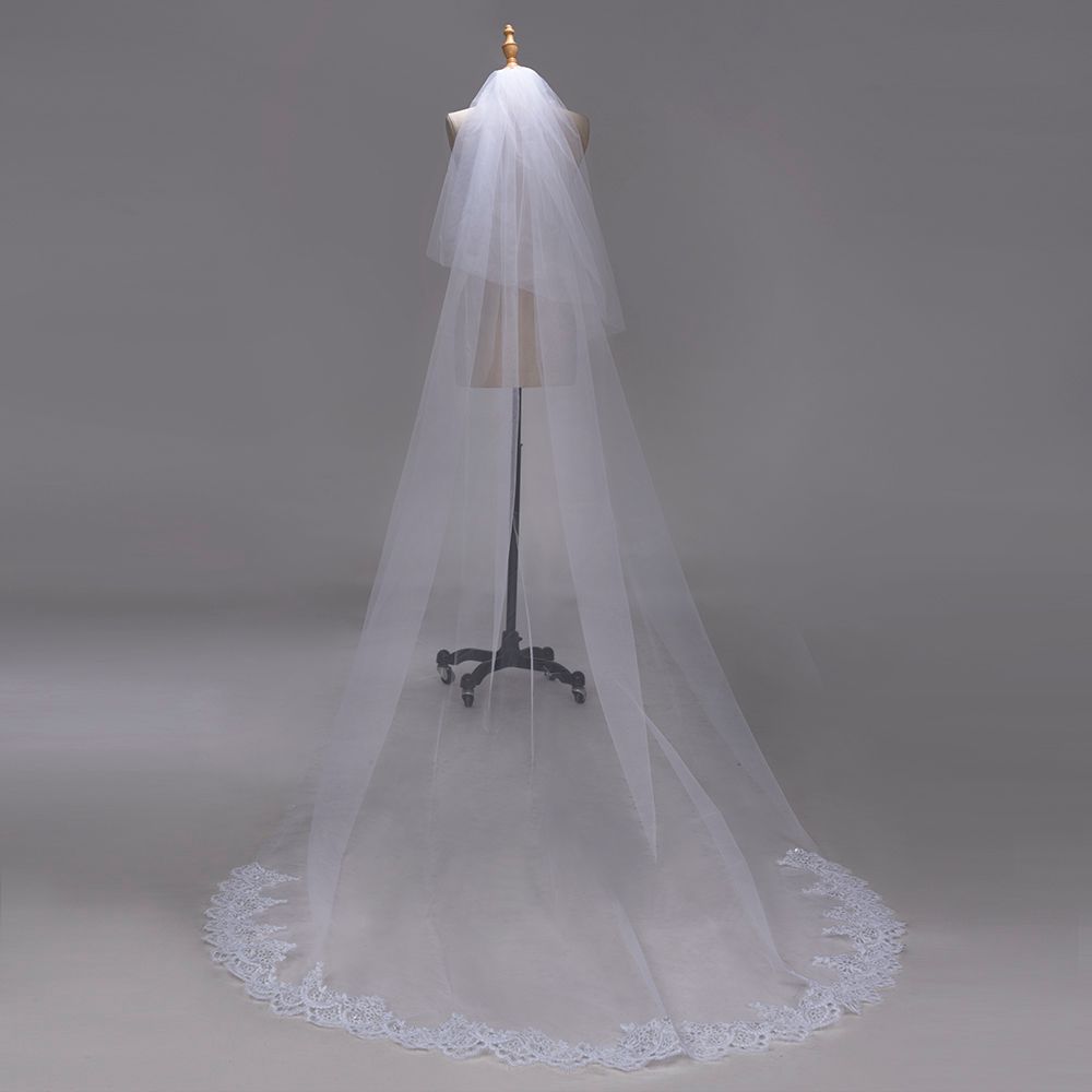 Cheap 3m 1t Long Bridal Veils With Comb White Ivory Lace Applique