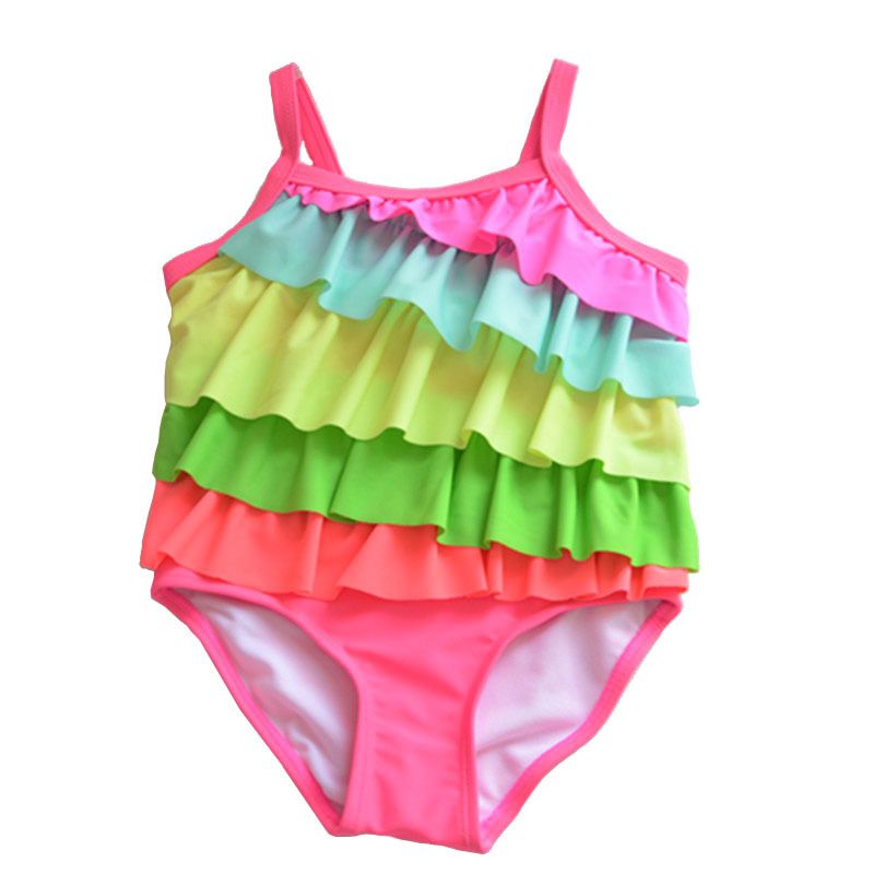 New Arrival Girls Swimwear Children Rainbow Suspender One-piece Layered ...