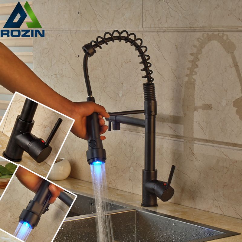 Led Color Changing Oil Rubbed Bronze Dual Spout Kitchen Faucet One Handle Spring Pull Down Water Taps For