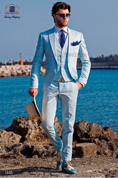 2018 Custom Made Spring Style Men Suits Light Blue Business Beach