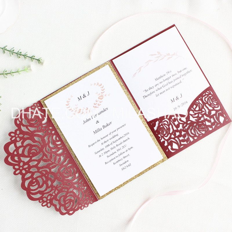 Rose Wedding Invitation Card Pocket Laser Burgundy Invite With