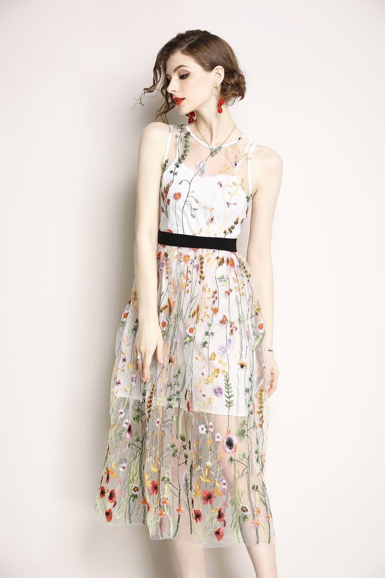 white mesh embroidered dress