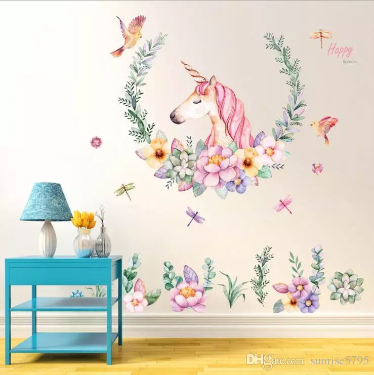 Cartoon Unicorn Wall Sticker Baby Girl Room Decor Kids Bedroom Self