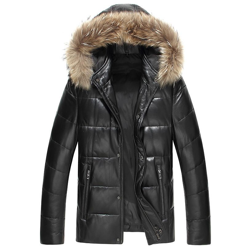 Mens Winter Down Coats Genuine Leather Down Jacket Fur Hoodies Snow