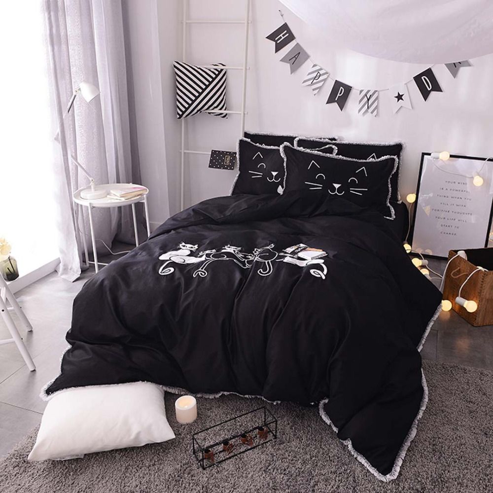 Cartoon Cat Set 100 Cotton Fabric Bedding King Queen Cartoon Cat Set 100 Cotton Fabric Bedding King Queen Exquisite Embroidery Duvet Cover Sets Bed Sheet Pillowcase Comforter