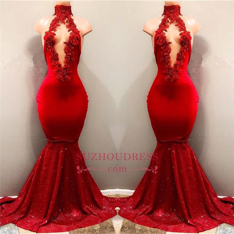 Sexy Red Appliques Mermaid Prom Dress Sequins Skirts Keyhole High Neck ...