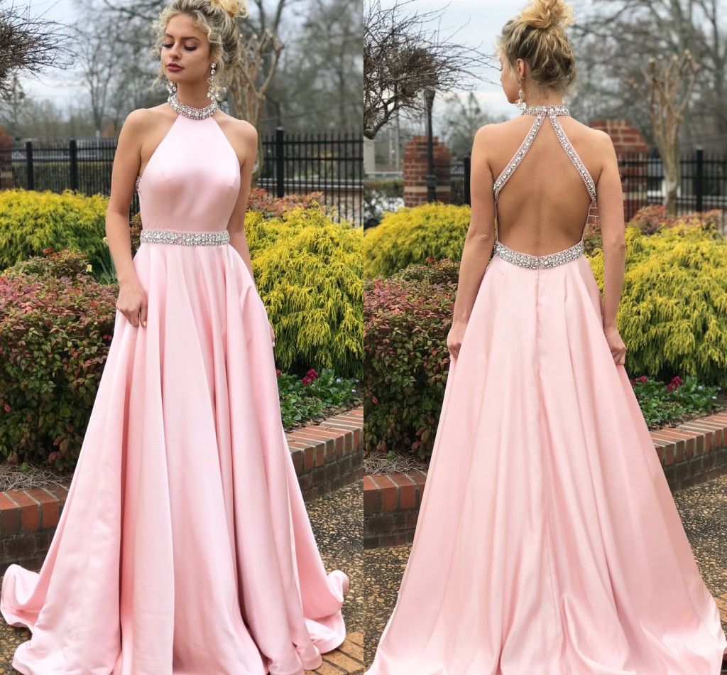 2019 Pink  Halter  Prom  Dresses  Beaded Neck Satin Floor 