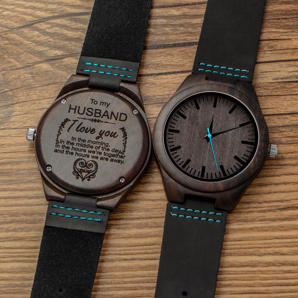 Natural Wood Blue Second Hand Watch Engraved Wooden Men Groomsmen Watch