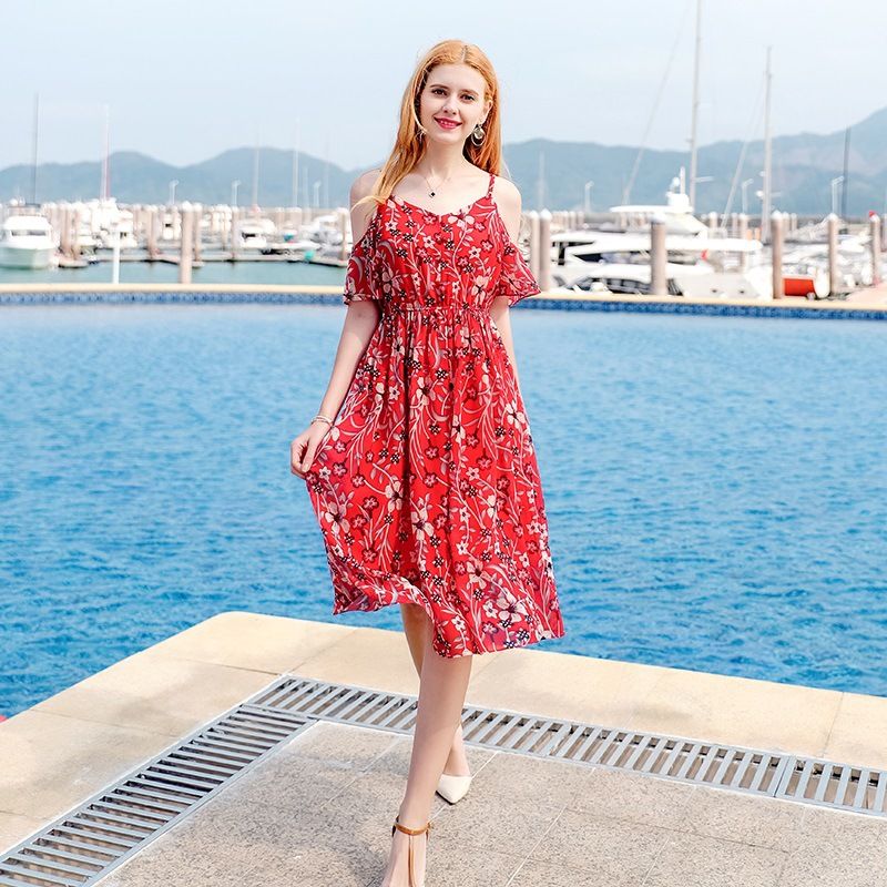 épaule Exposée Sexy Jupe à Manches Lotus Robe De Plage Rouge à Imprimé Floral Nouveau Bouton De Mode Double Bretelles Robes