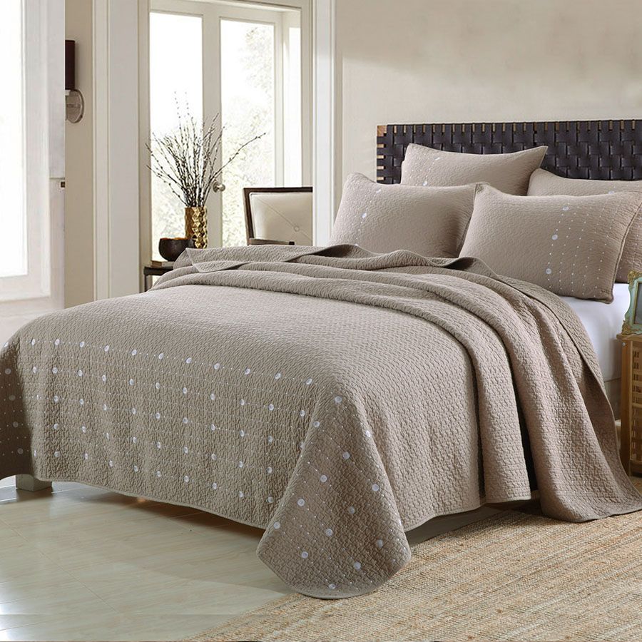 Brown Embroidered Quilt Set Quilted Washed Cotton Quilts Bedspread For