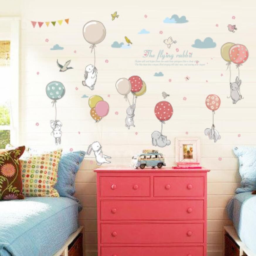 cute cartoon rabbit colorful balloons wall stickers baby boy girl
