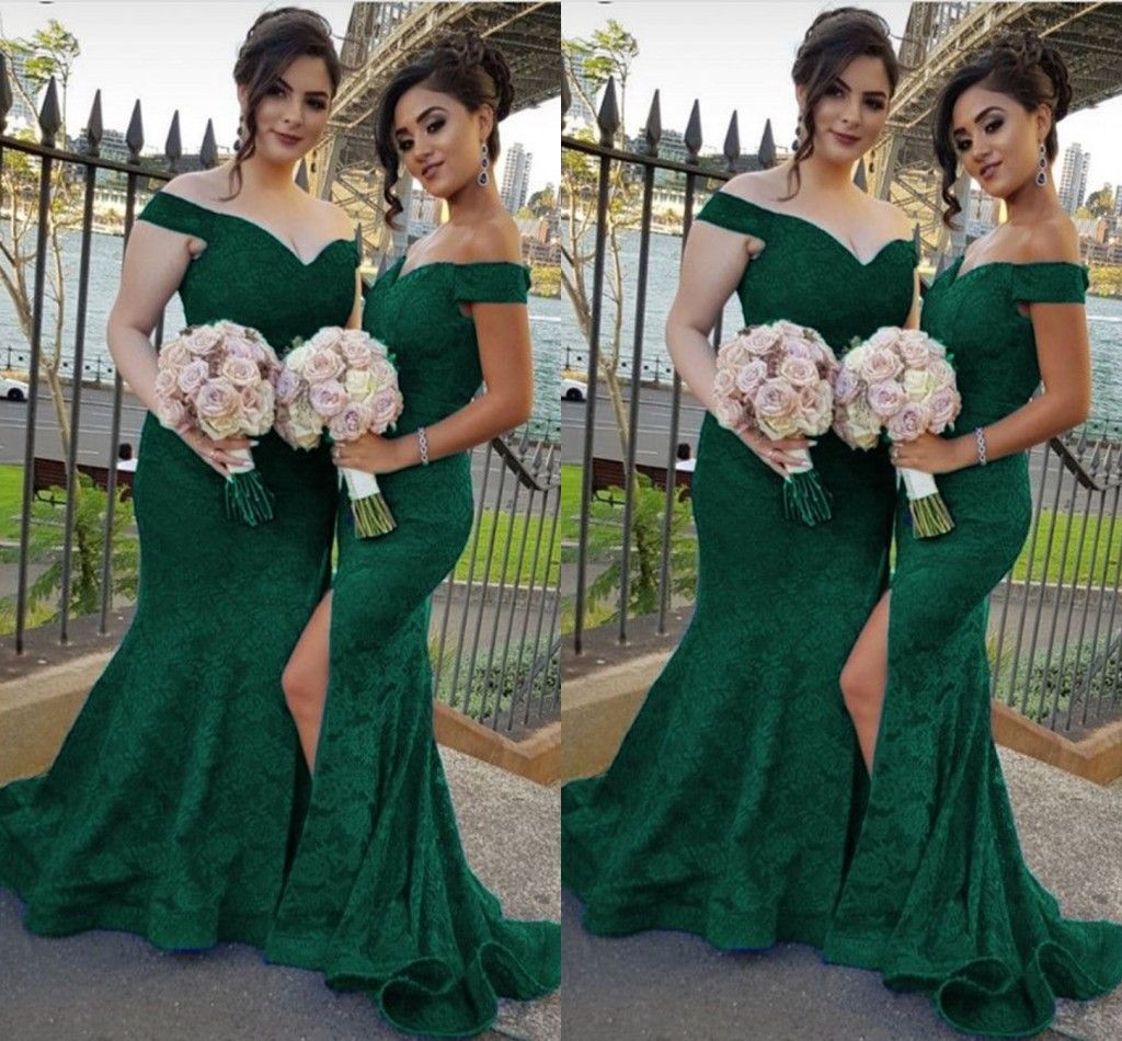 Dark Green Lace Mermaid Bridesmaid Dresses Off The Shoulder Custom Made