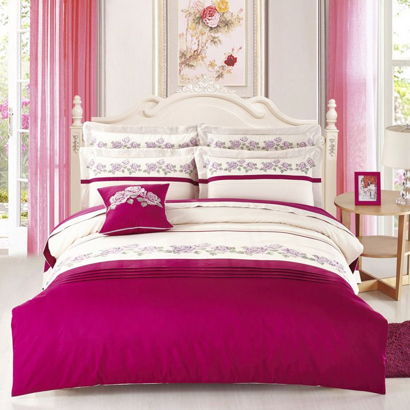 Wine Red Cream Bedding Set Pure Cotton Peony Flowers Embroidered Duvet