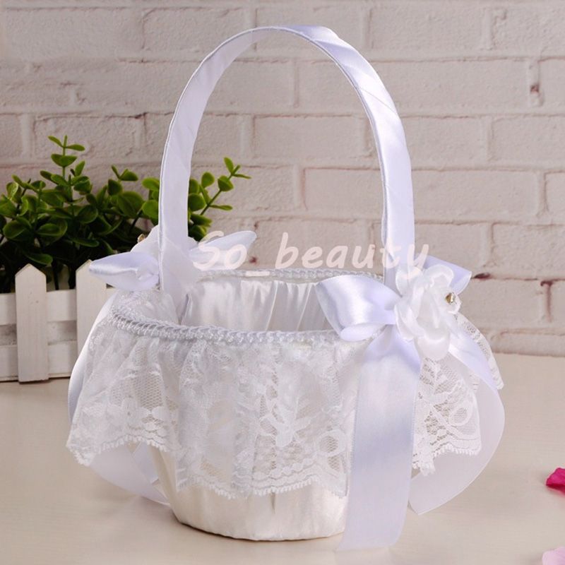 2021 White Lace Ribbon Bow Girl Basket Beautiful Round Silk Flower