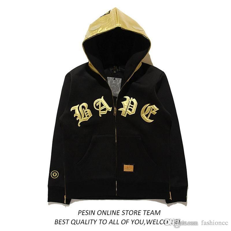 2020 High Quality Popular Brand Men'S Gold Leather Patchwork Hoodies Vintage Cardigan Jacket