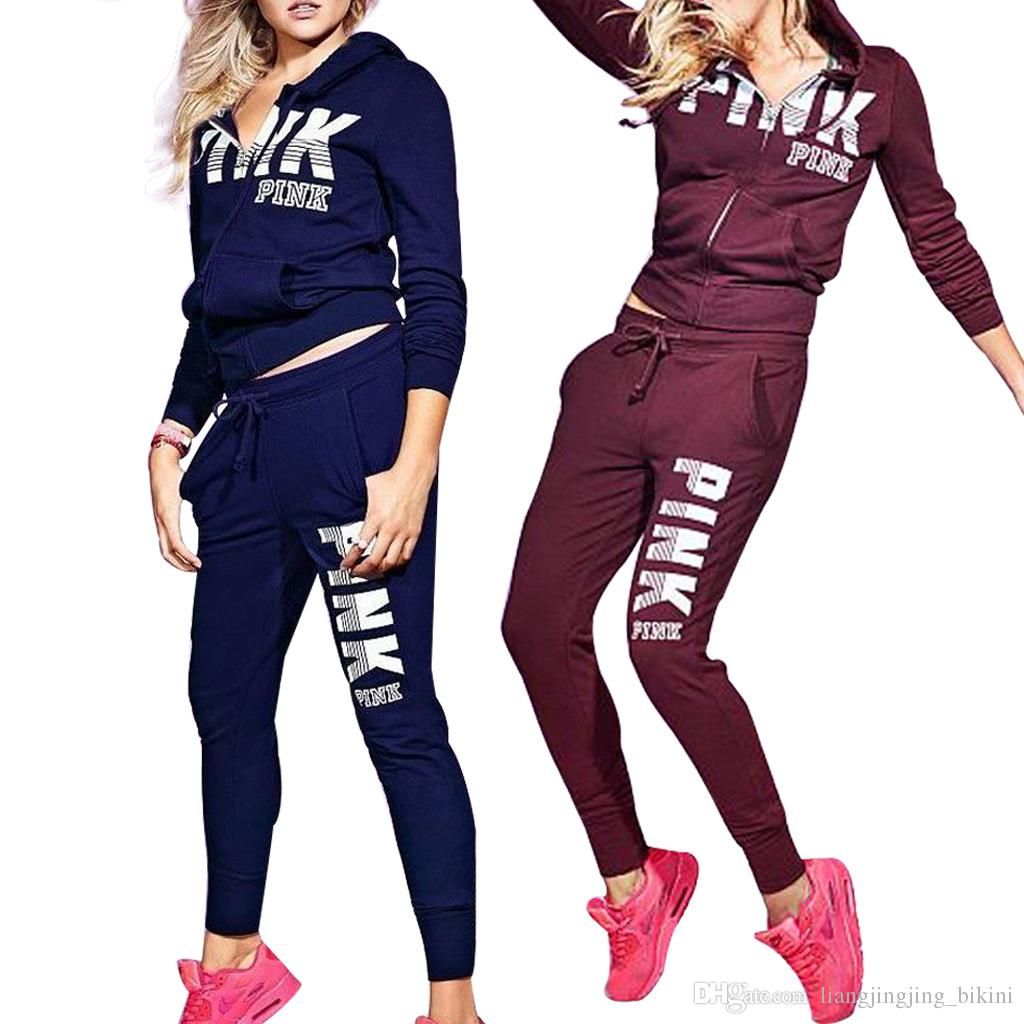 2019 Love Pink Women Sports Suit Pants Hoodies Set Hooded Long Sleeve ...