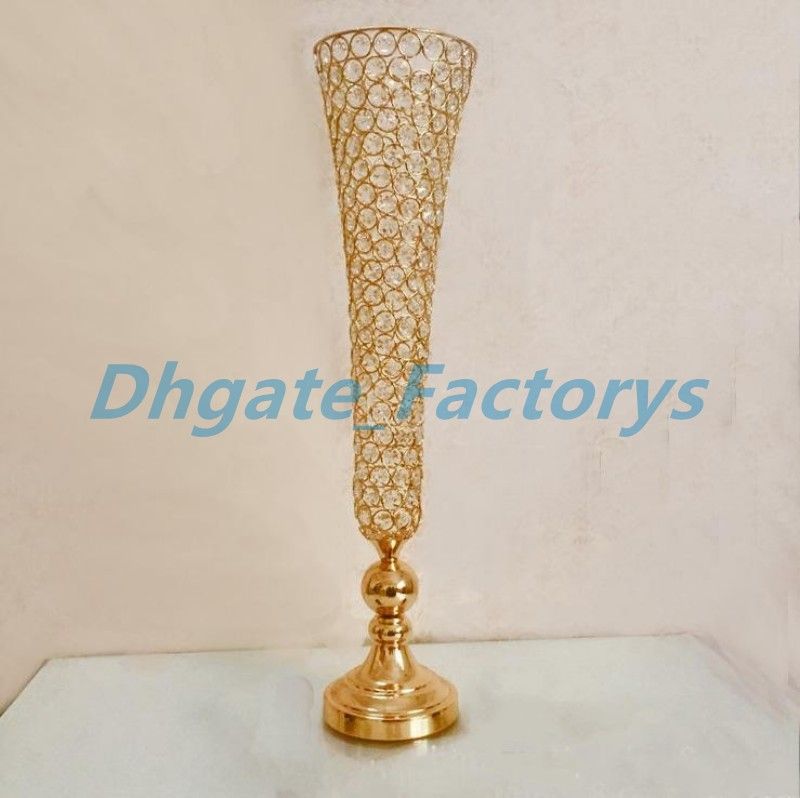 Golden Chrome Color Crystal Beaded Trumpet Flower Vase Wedding