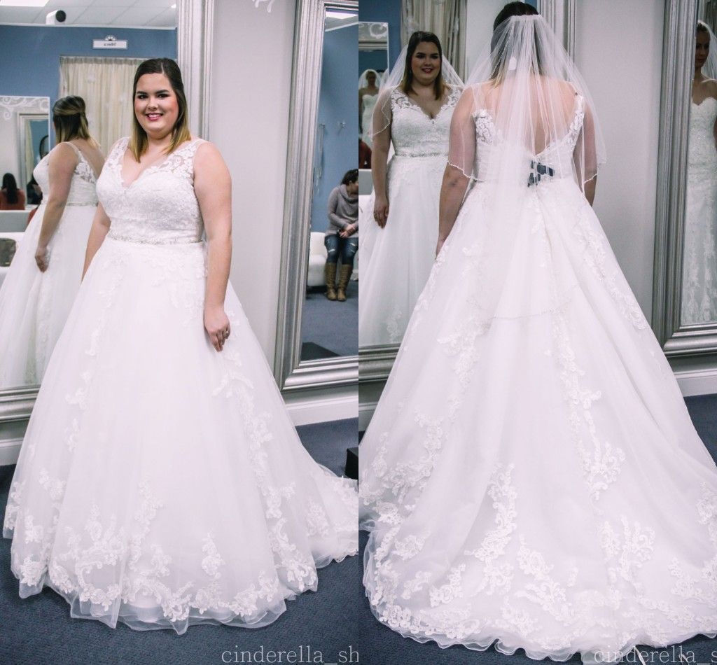 Discount 2018 Plus Size Wedding Dress Spaghetti V Neck Sash Sweep