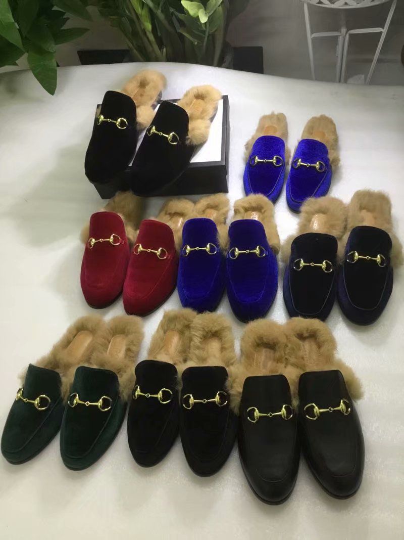 Brand Luxury Slippers Women Princetown Leather Big Size Mens Slipper Fur Suede Velvet Winter