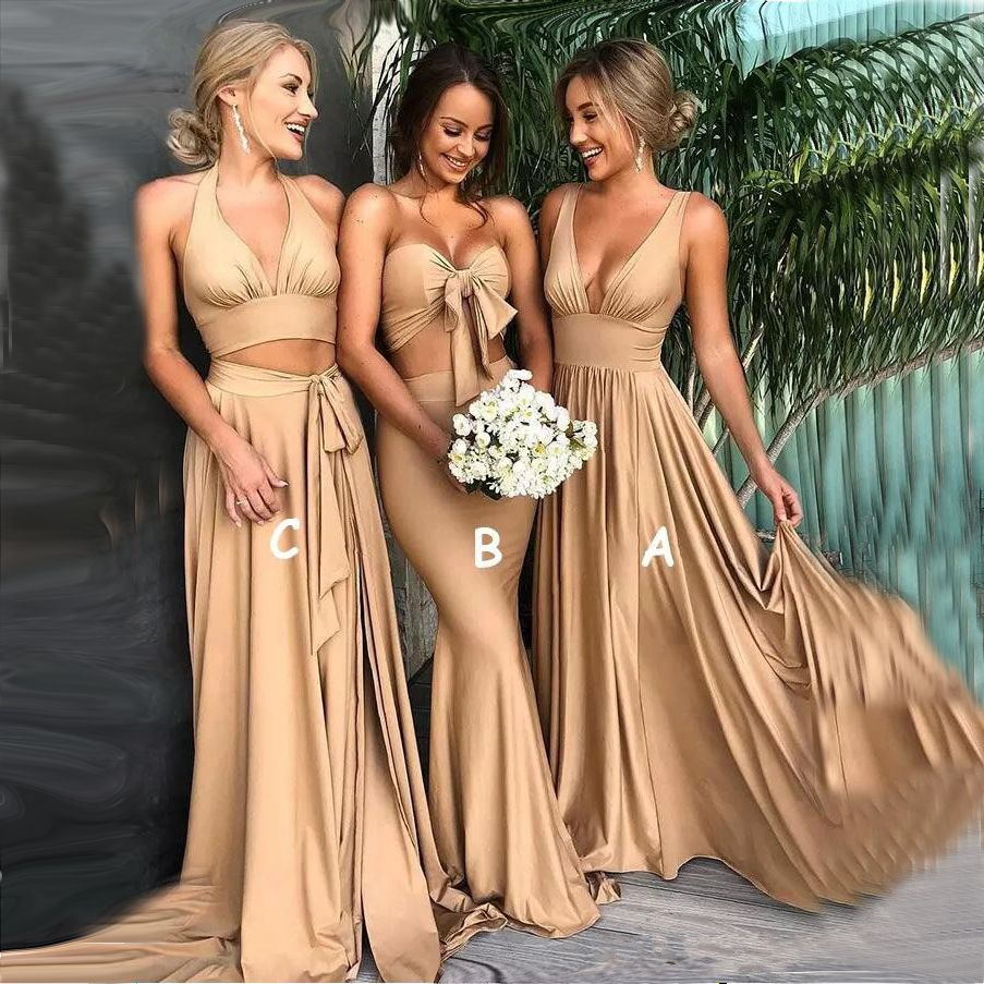 2018 Gold Chiffon Bridesmaid Dresses with Split Two Pieces Long Prom