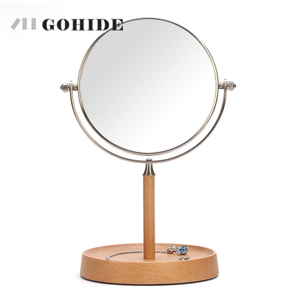 Juh A Wood Stand Desktop Cosmetic Mirror Table Double Side 6 Inch Makeup Mirrors Round Shape Rotating High Magnification