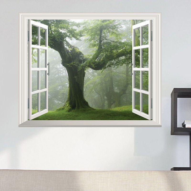Green Old Forest Tree 3D Window View Wall Decal A Big Tree Sticker Wall