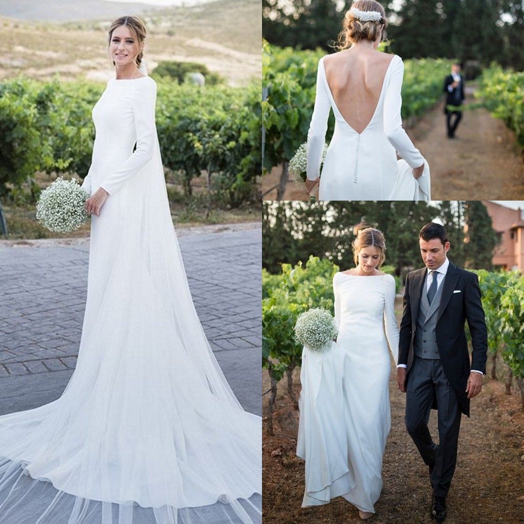 2019 Plain  Long Sleeve Wedding  Dresses  Bateau Backless 
