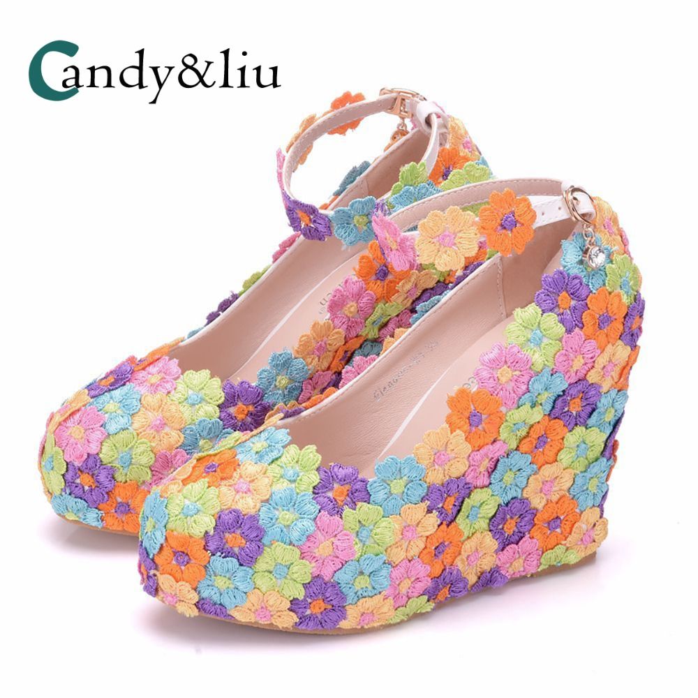 Coloré Banquet Avec Plateforme Fleur Robe Dragonne Pour Talon Compensé Soirée Rond De Pompes Bout Mariage Femmes Cheville Dentelle La Chaussures KJuF1cTl3
