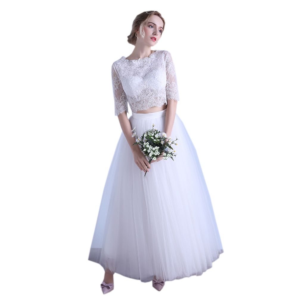 Discount Two Pieces Wedding Dresses With Illusion Half Sleeves Sheer