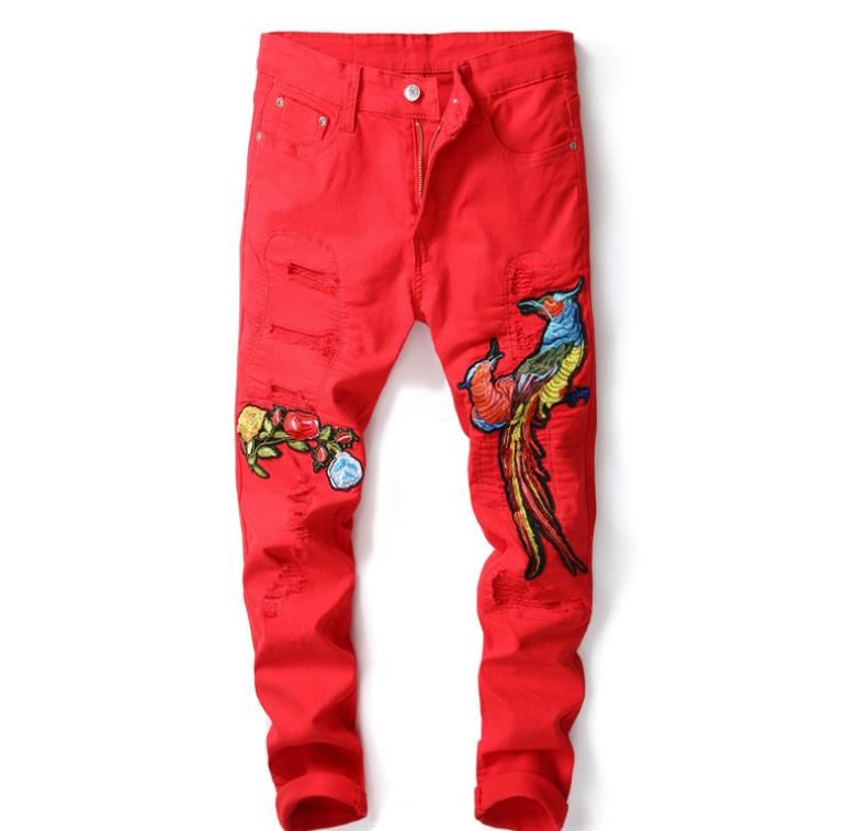 red ripped jeans