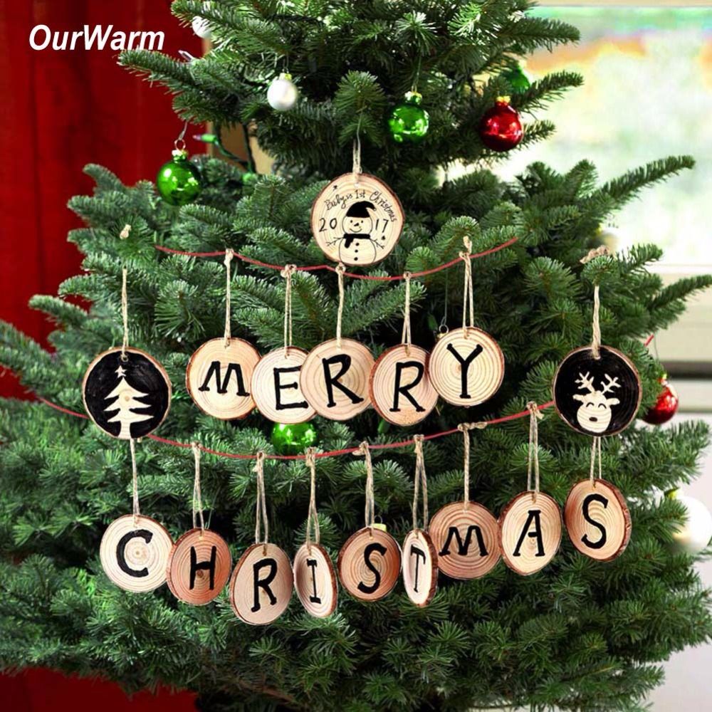 Ourwarm Christmas Tree Hanging Ornaments 5 6cm Round Wood Slice Nature Wooden Gift Tag Christmas Decorations For Home Contemporary Christmas Decorations