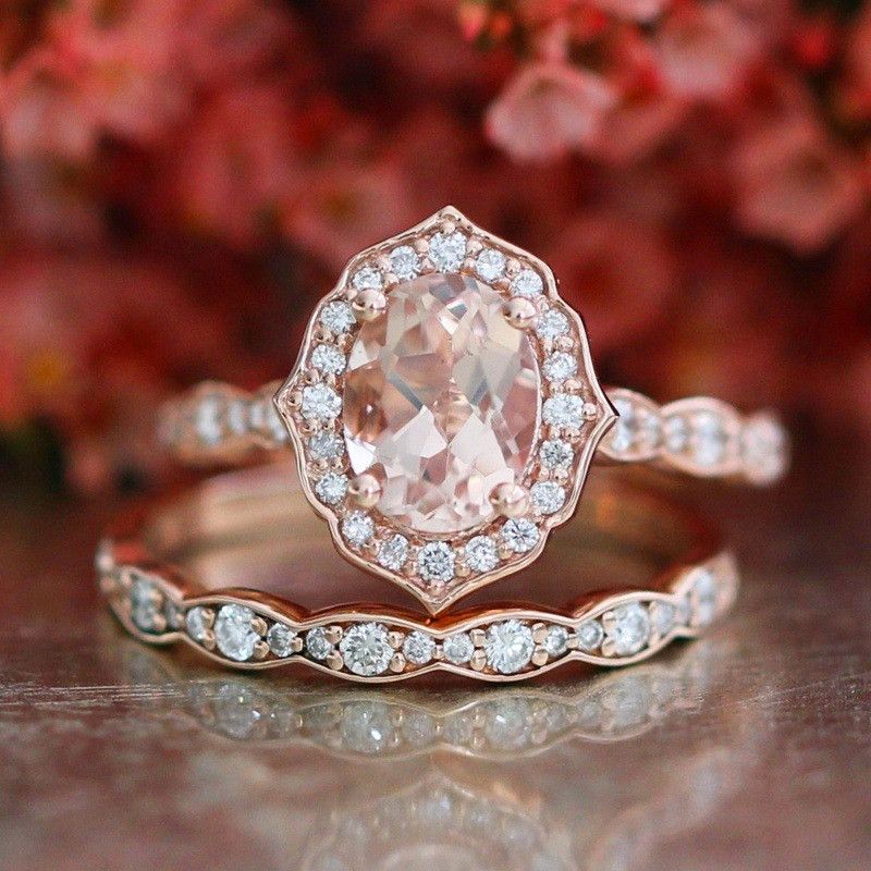 2019 Female Big Oval Stone Ring Set Luxury 925 Silver Rose Gold Ring