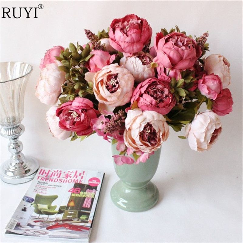 2018 silk peony flowers bouquet artificial fall vivid peony wedding