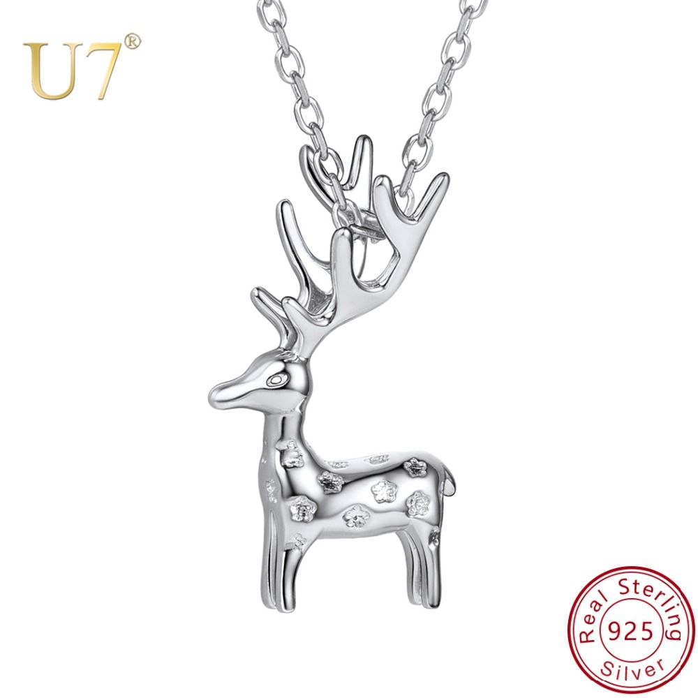 Wholesale U7 925 Sterling Silver Animal Elk Horned Deer Choker Antler Necklace & Pendant Christmas Gifts For Women Collier Femme New Sc172 Silver Chains