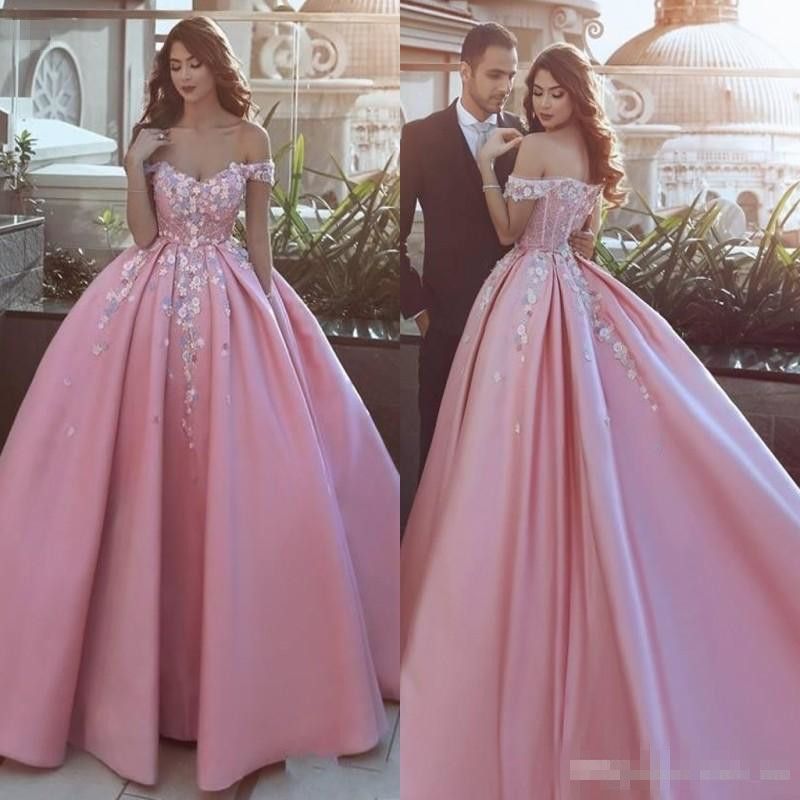 pink off shoulder prom dress